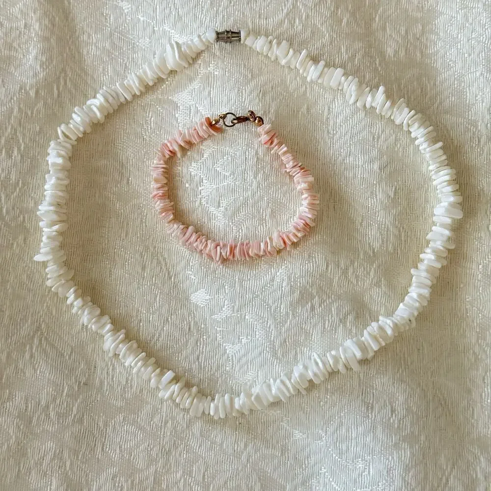 Vintage 1990s Pink & White Puka Shell Chip Necklace and Bracelet Anklet chipped